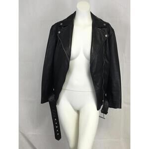 [322] Zara Jacket XS Black Faux Leather Biker Moto Belted Short Zipped Pockets